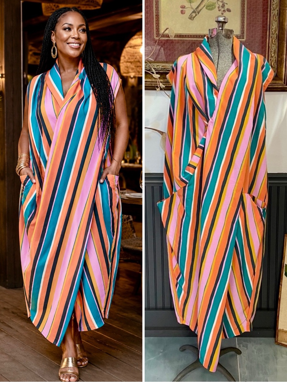 DUBGEE by Whoopi Colorful Stripe Boxy Midi Dress Pockets Size 2X🧡🎀
